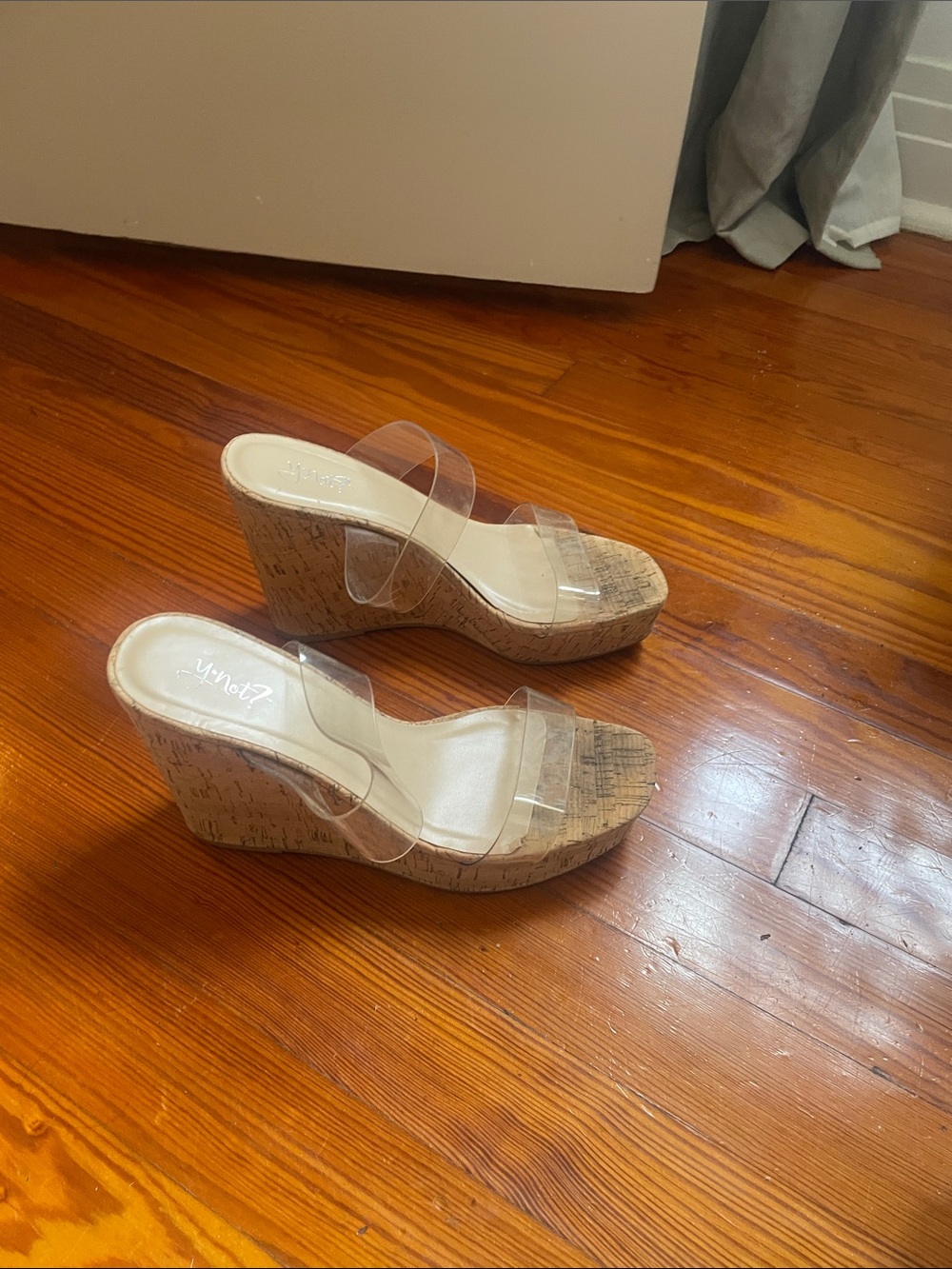 Clear Strap Cork Wedge Sandals - Nude/Transparent